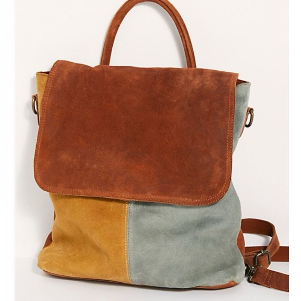 Free People Suede Patchwork Crossbody Backpack in Rust, Mustard & Sage